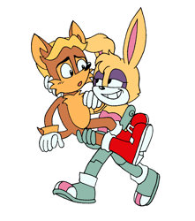 Size: 1440x1631 | Tagged: safe, artist:thatsnoton, antoine d'coolette, bunnie rabbot, art.mobius original, blushing, duo, full body, grin, holding each other, redraw, simple background, white background