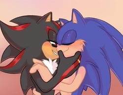 Size: 2048x1583 | Tagged: safe, artist:eterllullaby, shadow the hedgehog, sonic the hedgehog, 2024, blushing, cute, duo, eyes closed, gay, gloves off, gradient background, holding each other, lidded eyes, looking at them, marriage ring, older, ring (jewelry), shadow x sonic, shipping, smile