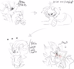 Size: 2048x1913 | Tagged: safe, artist:dogdaysc, miles "tails" prower, shadow the hedgehog, ..., 2024, arms folded, blushing, chu, cute, dialogue, duo, gay, kiss on cheek, line art, sfx, shadails, shipping, simple background, spanish text, white background