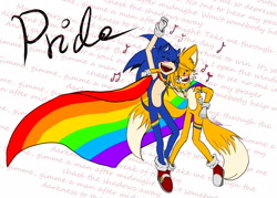 Size: 2048x1463 | Tagged: safe, artist:blossomthefox, miles "tails" prower, sonic the hedgehog, blushing, cape, cute, duo, gay, gay pride, holding each other, mouth open, musical note, pride, pride flag, shipping, smile, sonabetes, song lyrics, sonic x tails, tailabetes