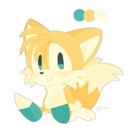 Size: 861x861 | Tagged: safe, artist:pupu77859245726, miles "tails" prower, 2024, blue shoes, blushing, cute, limited palette, looking at viewer, signature, simple background, sitting, smile, solo, white background