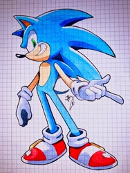 Size: 1536x2048 | Tagged: safe, artist:toontoxicjnny, sonic the hedgehog, 2024, checkered background, looking at viewer, smile, solo, standing, traditional media