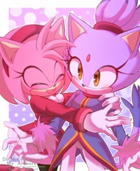 Size: 1679x2048 | Tagged: safe, artist:q__sci, amy rose, blaze the cat, 2024, abstract background, amy x blaze, amybetes, blazebetes, blushing, cute, duo, hugging, lesbian, mario and sonic at the 2020 olympic games, outline, shipping, standing