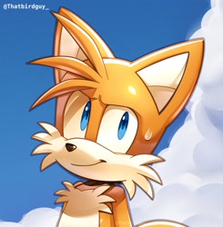 Size: 2011x2048 | Tagged: safe, artist:thatbirdguy_, miles "tails" prower, 2024, abstract background, clouds, daytime, looking at viewer, smile, solo, standing, sweatdrop