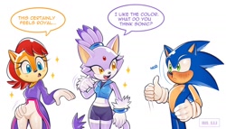 Size: 2048x1170 | Tagged: safe, artist:iris_s_e_e, blaze the cat, sally acorn, sonic the hedgehog, blaze's tailcoat, outfit swap, sally's ringblader outfit