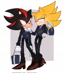 Size: 1815x2048 | Tagged: safe, artist:tamjeong_sonic, shadow the hedgehog, sonic the hedgehog, super sonic, alternate outfit, bag, duo, gay, hand on another's face, holding something, school uniform, shadow x sonic, shipping, smile, super form