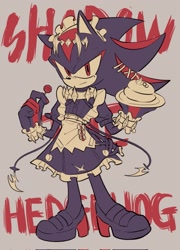 Size: 1473x2048 | Tagged: safe, artist:tamjeong_sonic, shadow the hedgehog, alternate outfit, candy, character name, crossdressing, dress, food, holding something, lollipop, maid outfit, solo