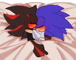 Size: 2048x1640 | Tagged: safe, artist:tamjeong_sonic, shadow the hedgehog, sonic the hedgehog, bed, blushing, duo, eyes closed, gay, lying down, shadow x sonic, shipping