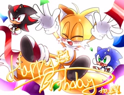 Size: 2048x1574 | Tagged: safe, artist:tamjeong_sonic, miles "tails" prower, shadow the hedgehog, sonic the hedgehog, arms up, birthday, chibi, english text, gift art, happy, happy birthday, trio