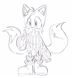 Size: 1914x2064 | Tagged: safe, artist:tamjeong_sonic, miles "tails" prower, alternate outfit, full body, gift art, greyscale, monochrome, sketch, solo, standing, sweater