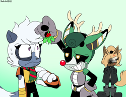 Size: 4580x3560 | Tagged: safe, artist:fartist2020, cassia the pronghorn, tangle the lemur, whisper the wolf, cassia x tangle, christmas, jealously, lesbian, mistletoe, shipping, tangle x whisper, this will end in injury and/or death, trio