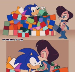 Size: 2392x2305 | Tagged: safe, artist:risziarts, sally acorn, sonic the hedgehog, christmas, duo, mistletoe, present, sally x sonic, shipping