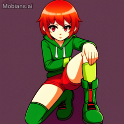 Size: 512x512 | Tagged: safe, ai art, artist:mobians.ai, gadget the wolf, human, asymmetrical footwear, asymmetrical legwear, boots, hoodie, humanized, male, red eyes, red hair, shorts, single boot, single kneehigh, single thigh boot, solo