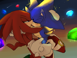 Size: 800x600 | Tagged: safe, artist:knso_no1, knuckles the echidna, sonic the hedgehog, chaos emerald, duo, eyes closed, gay, kiss, knuxonic, shipping