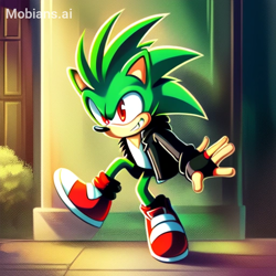 Size: 512x512 | Tagged: safe, ai art, artist:mobians.ai, manik the hedgehog, hedgehog, blue eyes, fingerless gloves, green fur, jacket, male, shirt, shoes, socks