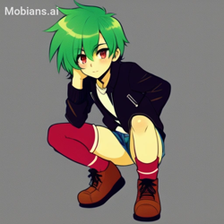 Size: 512x512 | Tagged: safe, ai art, artist:mobians.ai, manik the hedgehog, human, asymmetrical legwear, green hair, humanized, jacket, male, red eyes, shirt, shoes, shorts, single sock, single thighhigh