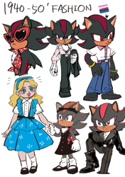 Size: 699x992 | Tagged: safe, artist:mori3322, maria robotnik, shadow the hedgehog, human, alternate outfit, dress, duo, english text, fashion, genderfluid pride, heart glasses, holding hands, pride, sunglasses