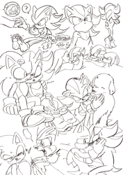 Size: 932x1315 | Tagged: safe, artist:mori3322, knuckles the echidna, maddie wachowski, maria robotnik, ozzy the dog, shadow the hedgehog, sonic the hedgehog, dog, human, adhd, autistic, barefoot, crying, gay, gloves off, greyscale, literal animal, monochrome, multiple views, pawpads, purring, shadow x sonic, shipping, sitting, tears