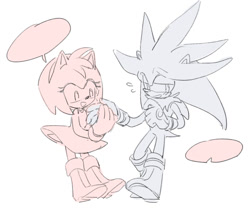 Size: 894x758 | Tagged: safe, artist:akiakiyo, amy rose, silver the hedgehog, duo, monochrome, shipping, silvamy, speech bubble, straight