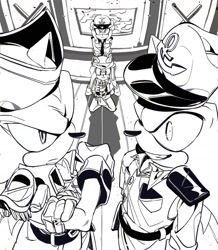 Size: 1506x1731 | Tagged: safe, artist:uopoh0102, amy rose, shadow the hedgehog, sonic the hedgehog, alternate universe, au:pirate, gift art, greyscale, group, monochrome