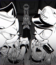 Size: 1501x1726 | Tagged: safe, artist:uopoh0102, amy rose, shadow the hedgehog, sonic the hedgehog, alternate universe, au:pirate, gift art, greyscale, group, monochrome