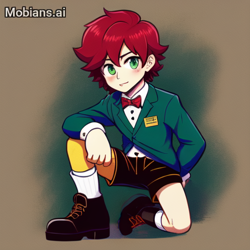 Size: 512x512 | Tagged: safe, ai art, artist:mobians.ai, barry the quokka, human, asymmetrical legwear, blazer, bowtie, crimson hair, green eyes, humanized, name tag, shirt, shoes, shorts, single leg pantyhose, socks, solo