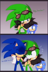 Size: 900x1350 | Tagged: safe, artist:montyth, scourge the hedgehog, sonic the hedgehog, oc, oc:monty the hedgehog, trio