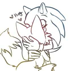 Size: 600x600 | Tagged: artist needed, safe, miles "tails" prower, sonic the hedgehog, 2021, cute, duo, eyes closed, gay, heart, hugging, line art, sfx, shipping, simple background, sonic x tails, standing, white background