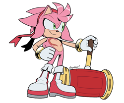 Size: 922x768 | Tagged: safe, artist:superscourge, amy rose, oc, oc:aim the hedgehog, looking offscreen, piko piko hammer, signature, simple background, smile, solo, standing, top surgery scars, trans boy amy, trans male, transgender, white background