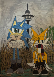 Size: 1444x2048 | Tagged: safe, artist:ahichpeter, miles "tails" prower, sonic the hedgehog, 2024, abstract background, clothes, duo, frown, gay, holding something, outdoors, picture, scarf, shipping, sonic x tails, standing, ufo