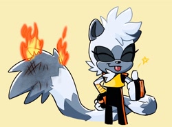 Size: 2048x1506 | Tagged: safe, artist:pocketscribbs, tangle the lemur, 2024, cute, eyes closed, fire, simple background, smile, solo, standing, star (symbol), tangabetes, thumbs up, yellow background