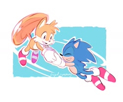 Size: 1547x1284 | Tagged: safe, artist:frayed-symphony, miles "tails" prower, sonic the hedgehog, sonic the hedgehog 2 (2022), abstract background, duo, flying, holding hands, outline, redraw, smile, spinning tails