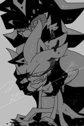 Size: 333x500 | Tagged: safe, artist:34_6, mephiles the dark, silver the hedgehog, duo, grey background, greyscale, hand on another's head, monochrome, signature, simple background