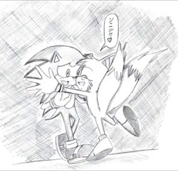 Size: 498x480 | Tagged: artist needed, safe, miles "tails" prower, sonic the hedgehog, 2012, arms out, blushing, duo, eyes closed, gay, heart, imminent hugging, japanese text, looking at them, monochrome, pencilwork, shipping, smile, sonic x tails, speech bubble, standing, traditional media