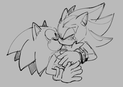 Size: 1108x784 | Tagged: safe, artist:project-sonadow, shadow the hedgehog, sonic the hedgehog, blushing, duo, eyes closed, gay, grey background, holding them, kiss, line art, looking at them, monochrome, shadow x sonic, shipping, simple background, sketch