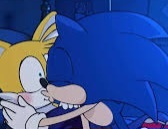 Size: 168x129 | Tagged: safe, artist:flashgitz, miles "tails" prower, sonic the hedgehog, 2024, abstract background, blushing, duo, eyes closed, gay, holding them, kiss, low res, screenshot, shipping, shrunken pupils, sonic x tails, tiktok