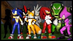 Size: 1907x1080 | Tagged: safe, artist:kabalmystic, espio the chameleon, knuckles the echidna, miles "tails" prower, shadow the hedgehog, silver the hedgehog, sonic the hedgehog, vector the crocodile, 2015, 3d, abstract background, group, looking at viewer, loop, mouth open, outdoors, smile, standing, unknown character