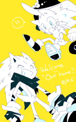 Size: 438x700 | Tagged: safe, artist:34_6, sonic the hedgehog, sonic the hedgehog (2020), duo, english text, grin, limited palette, self paradox, simple background, smile, sonic boom (tv), yellow background