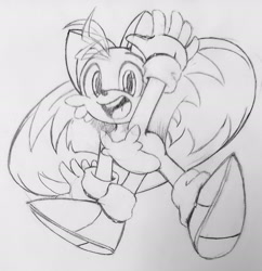 Size: 2424x2502 | Tagged: safe, artist:shadowhawx95, miles "tails" prower, 2021, flying, line art, looking at viewer, monochrome, mouth open, pencilwork, smile, solo, spinning tails, traditional media, waving