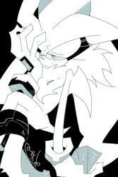 Size: 400x600 | Tagged: safe, silver the hedgehog, black background, chaos emerald, hand on own face, holding something, monochrome, signature, simple background, solo