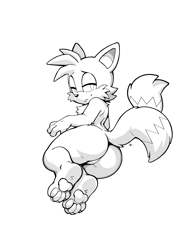 Size: 3072x4096 | Tagged: suggestive, artist:menzorem, miles "tails" prower, 2024, barefoot, bootyfull tails, butt, lidded eyes, looking at viewer, looking back, looking back at viewer, monochrome, pawpads, paws, simple background, smile, solo, white background