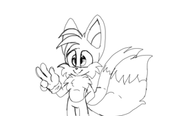 Size: 1748x1181 | Tagged: safe, artist:sonicsgoldrings, miles "tails" prower, 2023, hands behind back, line art, looking offscreen, monochrome, simple background, smile, solo, standing, v sign, white background