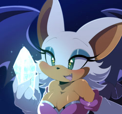 Size: 1024x951 | Tagged: safe, artist:papilrux, rouge the bat, 2024, blushing, crystal, cute, gradient background, looking at something, mouth open, one fang, redraw, rougabetes, solo, sparkles, sparkling eyes, standing