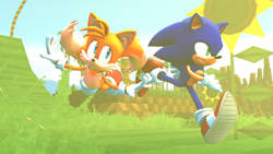 Size: 1920x1080 | Tagged: safe, artist:alexisrosemary, miles "tails" prower, sonic the hedgehog, green hill zone, 2024, 3d, abstract background, daytime, duo, flying, grass, outdoors, palm tree, running, spinning tails, sunflower