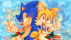 Size: 741x417 | Tagged: safe, artist:endercat_star, artist:tails_s, miles "tails" prower, sonic the hedgehog, 2024, abstract background, blushing, christmas, duo, echo background, gay, holding something, looking at viewer, pointing, present, scarf, shipping, signature, smile, snowflake, sonic x tails, v sign