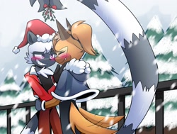 Size: 2048x1546 | Tagged: safe, artist:theopossumdude, tangle the lemur, whisper the wolf, 2024, abstract background, blushing, christmas, christmas hat, christmas outfit, daytime, duo, eyes closed, holding each other, lesbian, looking at them, mistletoe, outdoors, shipping, smile, snow, snowing, standing, tail hold, tangle x whisper, tree, wagging tail