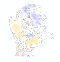 Size: 876x894 | Tagged: safe, artist:basilo_tyrannus, miles "tails" prower, sonic the hedgehog, 2024, crying, duo, eyes closed, gay, holding each other, holding hands, shipping, signature, simple background, smile, sonic x tails, tears, tears of happiness, white background