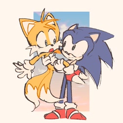 Size: 2048x2039 | Tagged: safe, artist:kuteun0, miles "tails" prower, sonic the hedgehog, 2022, :o, abstract background, car, cute, duo, gay, looking at each other, mouth open, shipping, smile, sonabetes, sonic x tails, standing, tailabetes