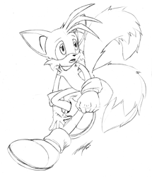 Size: 1263x1468 | Tagged: safe, artist:felixrj, miles "tails" prower, 2011, clenched fist, line art, looking offscreen, monochrome, mouth open, signature, simple background, solo, walking, white background