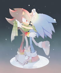 Size: 1671x2000 | Tagged: safe, artist:emudo623, shadow the hedgehog, sonic the hedgehog, 2024, christmas, dancing, duo, eyes closed, frown, gay, gradient background, holding each other, looking at them, mouth open, scarf, shadow x sonic, sharing a scarf, shipping, signature, smile, snow, snowing